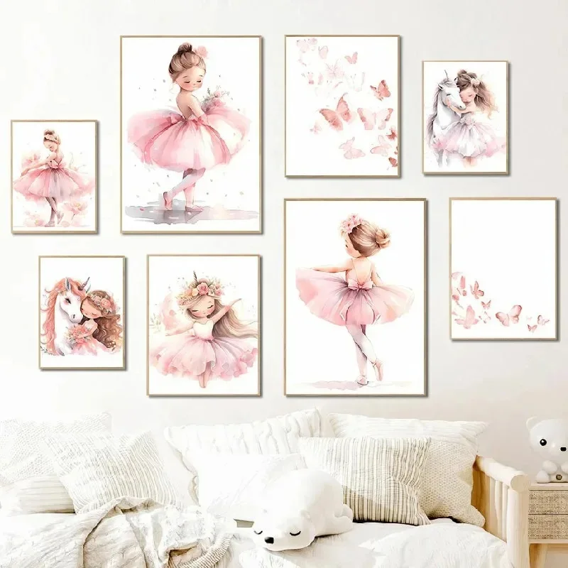 Baby Nursery Decor Girl - Poster Kupu-kupu Unicorn Gadis Balerina Merah