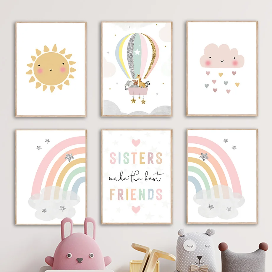 Baby Nursery Decor Girl - Jerapah Gajah Balon Udara Matahari Pelangi